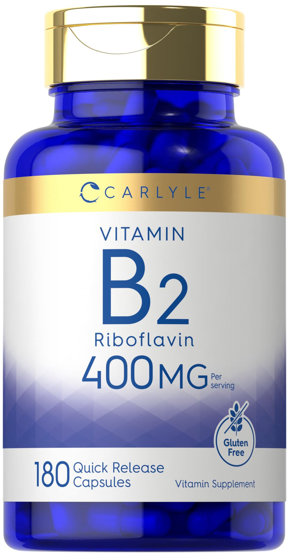 Carlyle Vitamin B-2 400mg bottle front shows label and non-GMO claim
