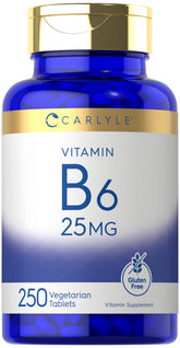 Carlyle Vitamin B6 25 mg bottle pour for daily supplement convenience.