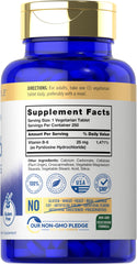 Close-up of Carlyle Vitamin B6 25 mg tablets highlighting vegetarian formula.