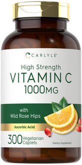 Carlyle Vitamin C 1000mg caplets bottle, close-up of high-strength daily supplement.
