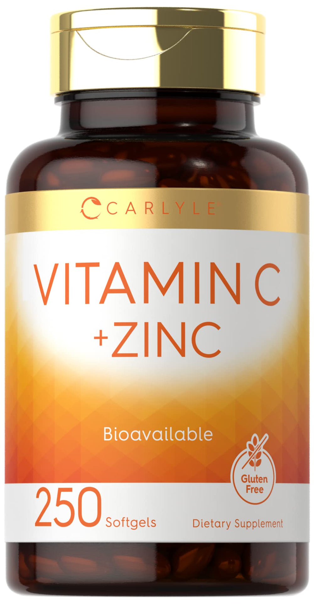 Carlyle Vitamin C with Zinc bottle and softgels showing the bioavailable quick-release formula.