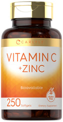 Carlyle Vitamin C with Zinc bottle and softgels showing the bioavailable quick-release formula.