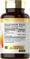 Carlyle Vitamin C with Zinc label close-up highlighting gluten-free, non-GMO ingredients.