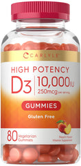 Carlyle Vitamin D3 10000iu peach gummies bottle close-up for daily wellness.