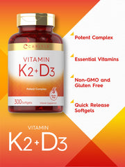 Front view of Carlyle Vitamin K2 D3 bottle with white label