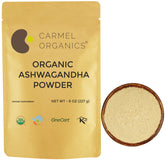 Carmel Organics Ashwagandha root powder in a jar for daily wellness support.