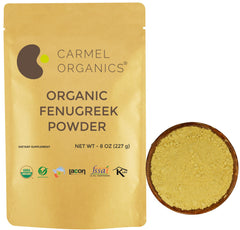 Carmel Organics fenugreek seeds packaging highlights organic origin and versatile kitchen use.