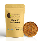 Carmel Organics flax seeds packaging for pantry freshness.