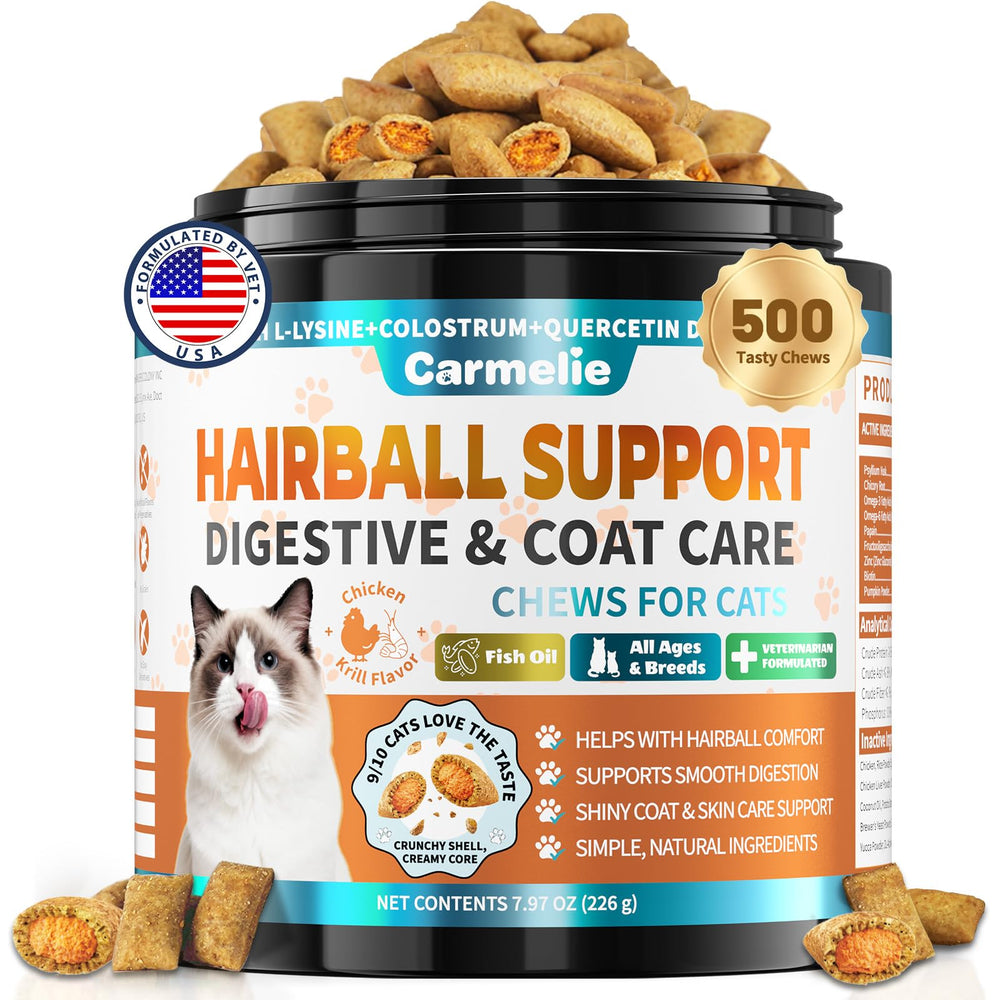 Carmelie hairball treats tub front for easy daily grooming support.