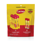 Carmex lip balm tubes closeup showing moisturizing formula