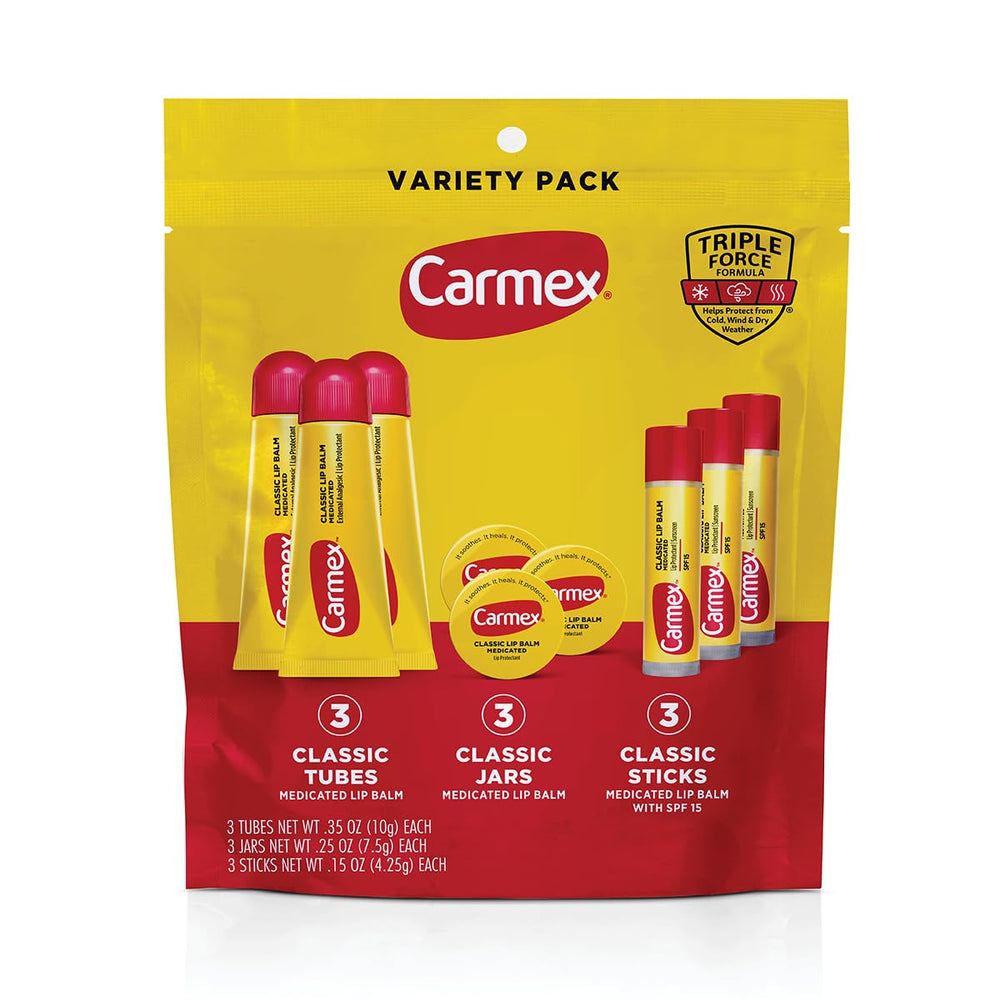Carmex Classic medicated tubes close-up showcasing smooth lip balm texture for daily moisture