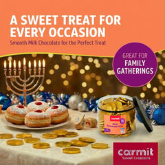Carmit Gold coins tub close-up, authentic gelt visuals for celebrations.