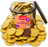 Carmit Gold milk chocolate coins tub with festive wrappers, perfect for dreidel games.