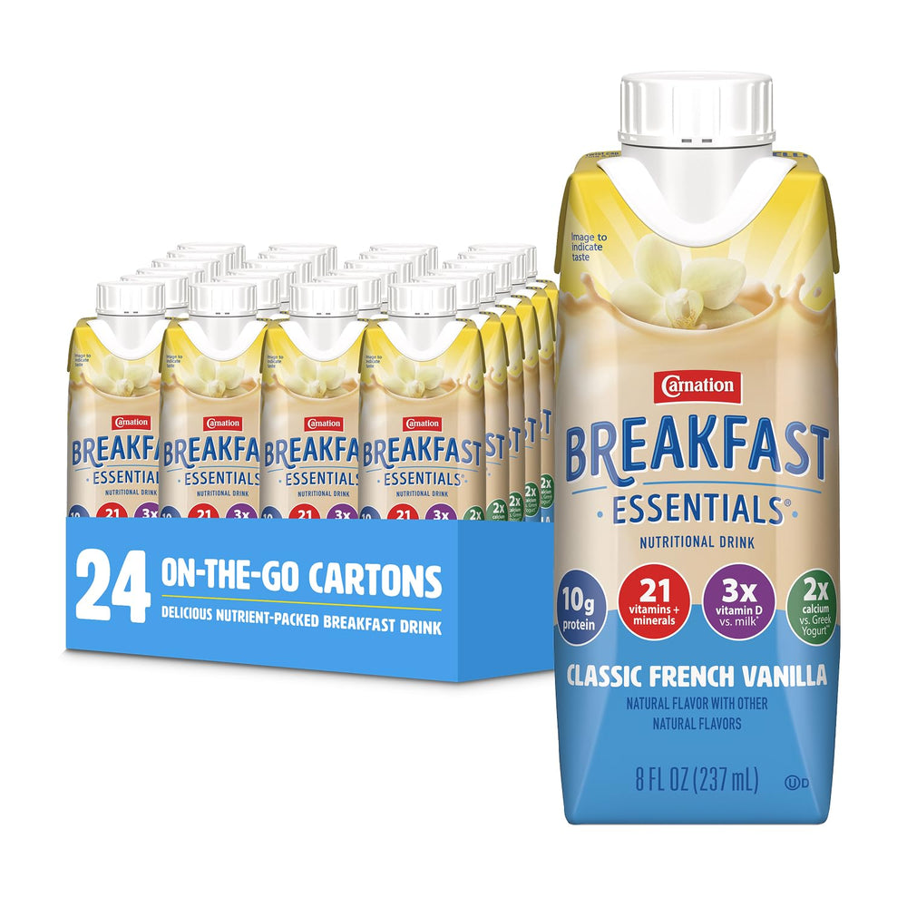 Carnation Breakfast Essentials Classic French Vanilla carton, 8 oz, convenient morning nutrition for a quick boost.