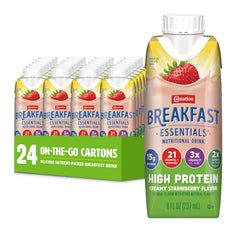 Carnation Breakfast Essentials High Protein bottle-pour shows creamy strawberry protein boost.
