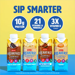 Close-up of Carnation Breakfast Essentials label showing protein and vitamins.