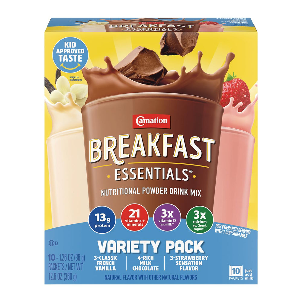 Carnation Breakfast Essentials rich milk chocolate packet ready to mix for a protein boost