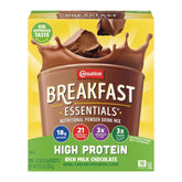 Carnation Breakfast Essentials high-protein powder drink mix in milk chocolate for a quick breakfast.