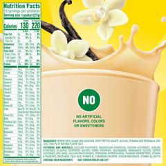 Pouring Carnation High Protein powder into skim milk for a shake