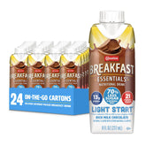 Carnation Light Start rich milk chocolate 8 oz carton showing on-the-go nutrition
