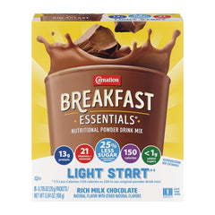 Carnation Breakfast Essentials Light Start front view of rich milk chocolate powder