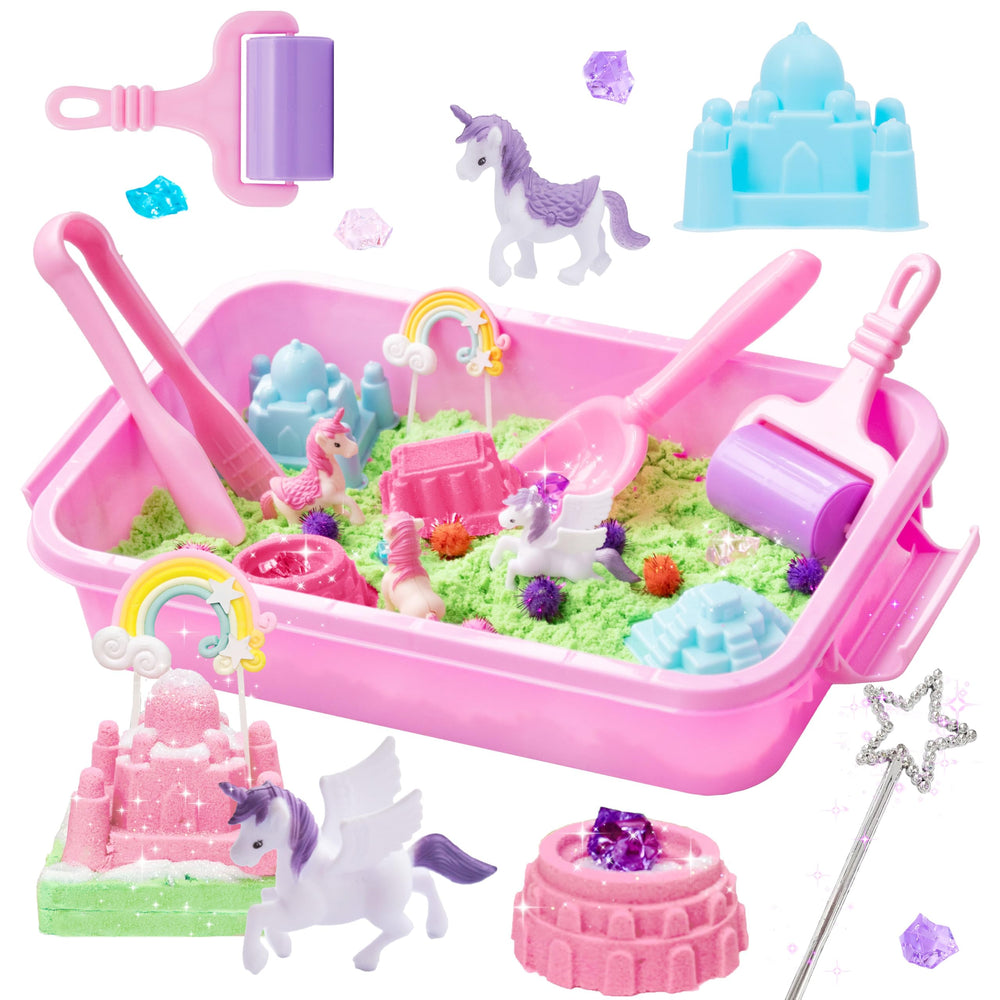 Carolart Unicorn sensory bin with colorful sand invites imaginative play