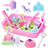 Carolart Unicorn sensory bin with colorful sand invites imaginative play