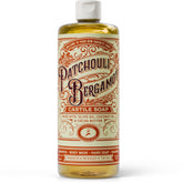 Carolina Castile Soap Patchouli Bergamot bottle highlights organic olive oil cleansing.