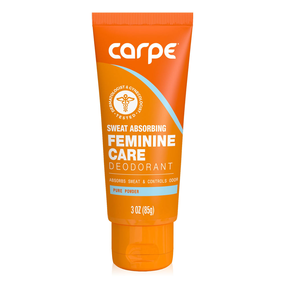 Carpe Feminine Sweatcare bottle on shelf signals portable freshness for travel.