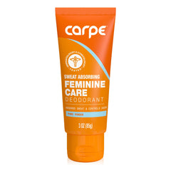Carpe Feminine Sweatcare bottle on shelf signals portable freshness for travel.