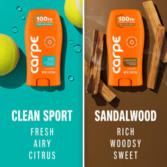 Carpe sandalwood deodorant close-up shows quick-dry, clear finish.