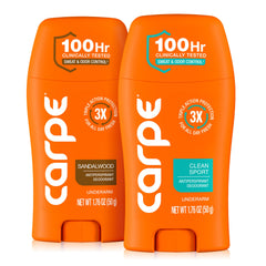 Carpe sandalwood deodorant bottle offers long-lasting protection and fresh scent.