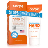 Carpe Sweat Absorbing Hand Lotion bottle shows quick-drying formula for dry hands