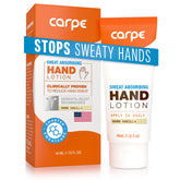 Carpe Sweat Absorbing Hand Lotion bottle demonstrates quick-dry formula for dry hands.