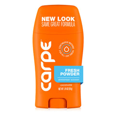 Carpe Fresh Powder bottle shows triple-action protection for daily wear.
