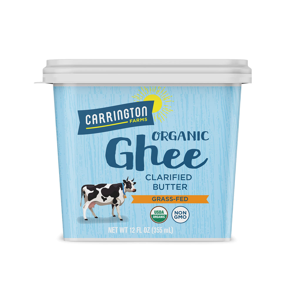 Carrington Farms ghee bottle pour, ideal for high-heat cooking