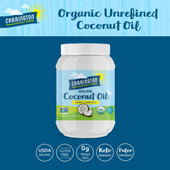 Carrington Farms non-GMO gluten-free coconut oil label shows purity and quality.