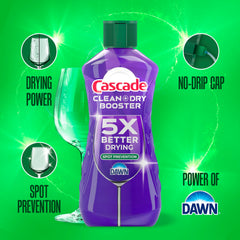 Cascade Clean & Dry Booster dishwasher pods highlighting powerful cleaning and quick drying