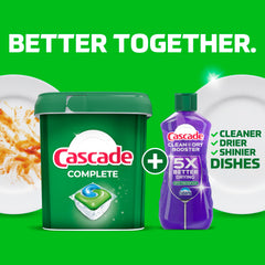 Cascade Complete dishwasher pods produce spotless dishes and minimize odor with fresh scent.