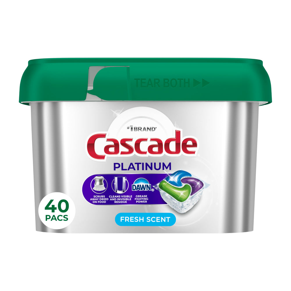 Cascade Platinum ActionPacs bottle shows fast-dissolving pods for quick cleaning.