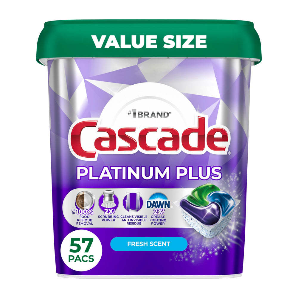 Cascade Platinum Plus pods closeup showing powerful cleaning action against residue