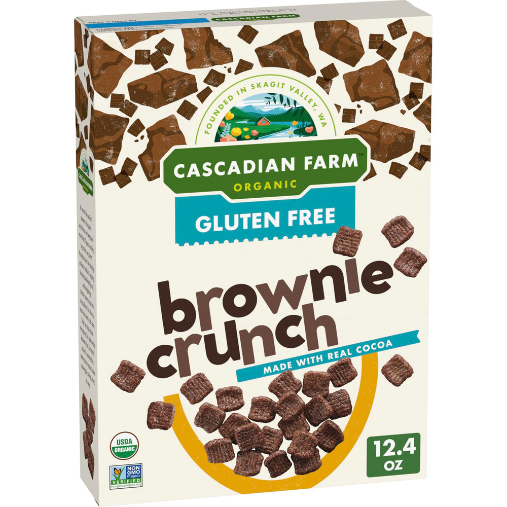 Cascadian Farm Brownie Crunch cereal box front shows real cocoa for a tasty morning.