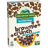Cascadian Farm Brownie Crunch cereal box front shows real cocoa for a tasty morning.