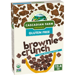 Cascadian Farm Brownie Crunch cereal box front shows real cocoa for a tasty morning.