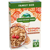 Cascadian Farm Cinnamon Crunch Cereal box front, showcasing real cinnamon for a wholesome morning.