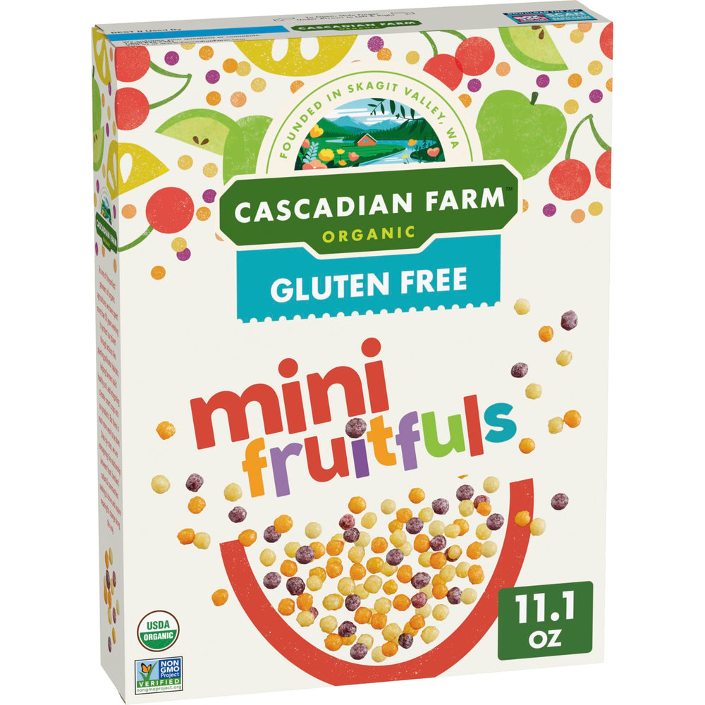 Cascadian Farm Mini Fruitfuls cereal box front, gluten-free and organic.