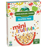 Cascadian Farm Mini Fruitfuls cereal box front, gluten-free and organic.