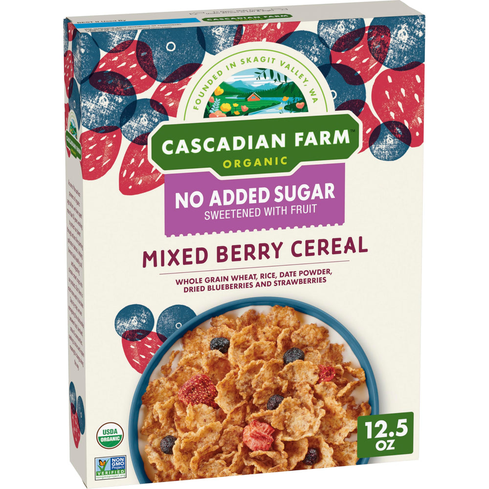 Cascadian Farm Mixed Berry Cereal bowl closeup highlights wholesome grains and berry flavors.