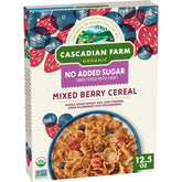 Cascadian Farm Mixed Berry Cereal bowl closeup highlights wholesome grains and berry flavors.