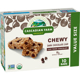 Cascadian Farm Organic Chewy Granola Bars with dark chocolate chips in value-size packaging for easy stocking.